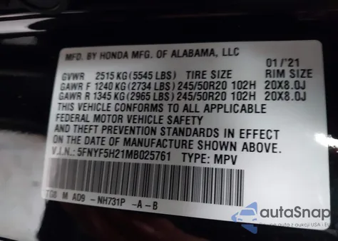 2021 Honda Pilot 2Wd Special Edition from USA, damaged, VIN 5FNYF5H21MB025761